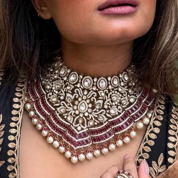 Polki Ruby Choker Set: Indian Bridal Necklace Earrings, Pearl Drops - Picture 1 of 3